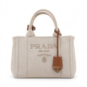 Prada Canapa Canvas Leather Handbag White Brown